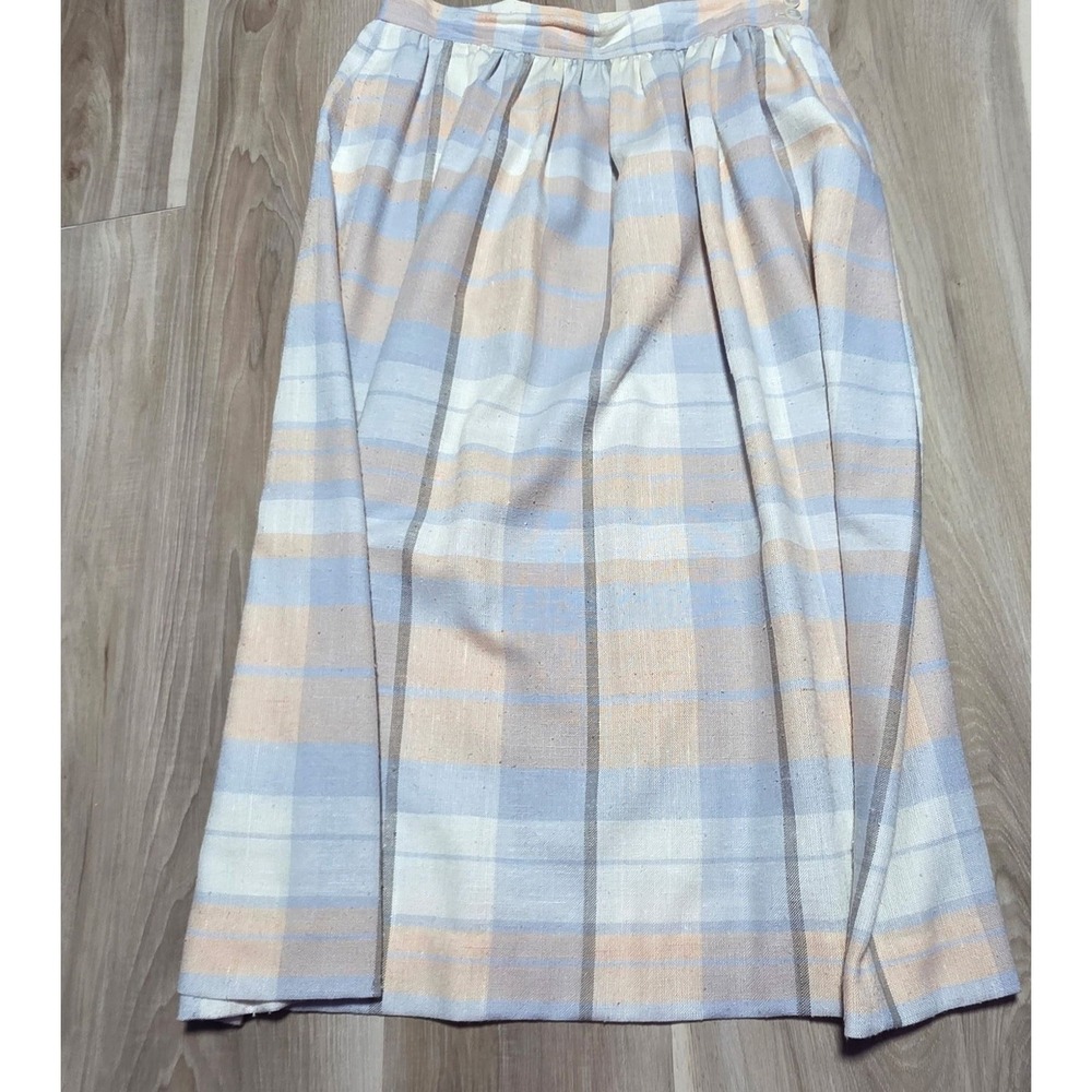 Vintage Evan-Picone Plaid Midi‎ Skirt 14 Pastel Blue Peach ILGWU USA Made Womens